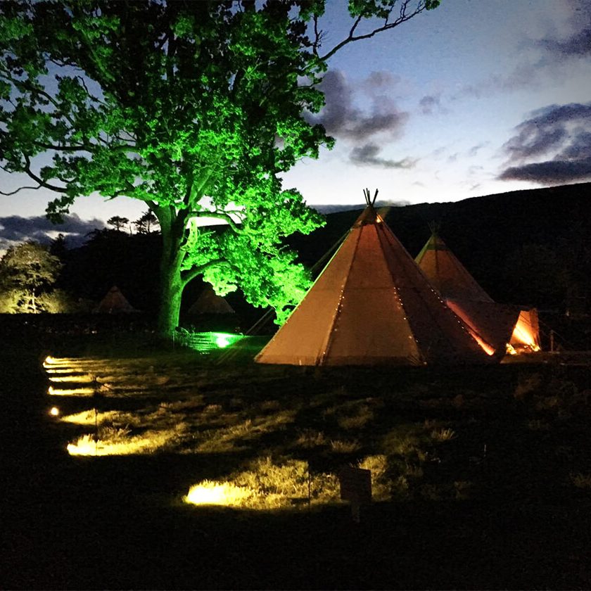 Sun going down on the main tent at Scapa Fest